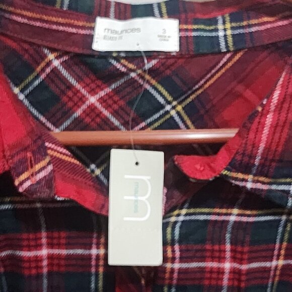 Maurices Red Green Plaid Button Front Chest Pockets L/S Top Plus Size 3 3X New - Picture 4 of 5